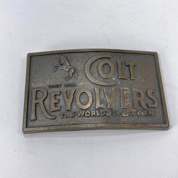 Vtg Colt Revolver RJ Belt Buckle Metal Bronze Tone Firearm Rifle Horse Stallion - Picture 1 of 12